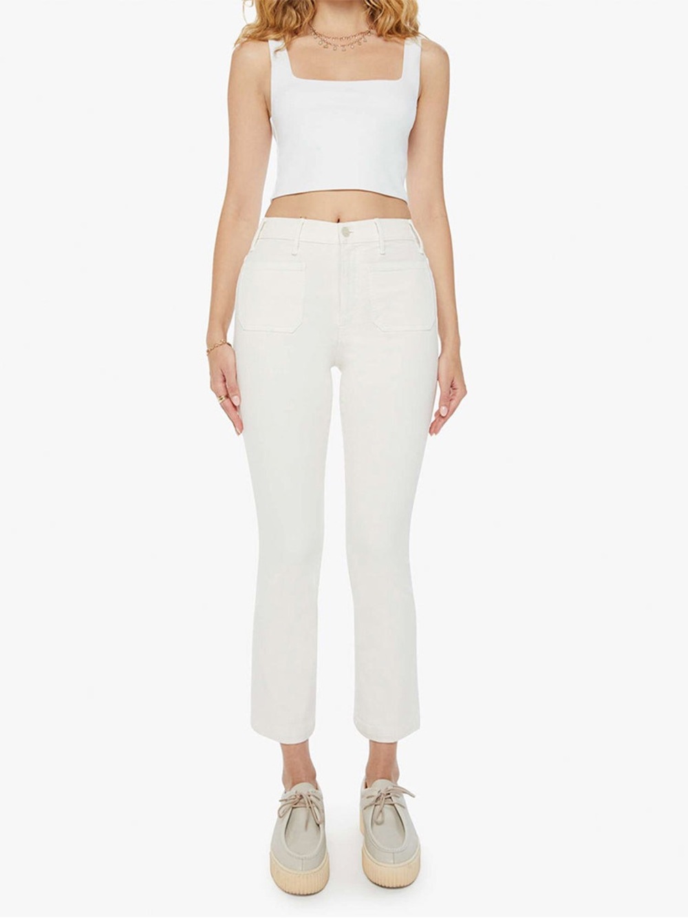 Mother The Hustler Patch Pocket Flood Bootcut Flare Cropped Pants Size 30 Cream